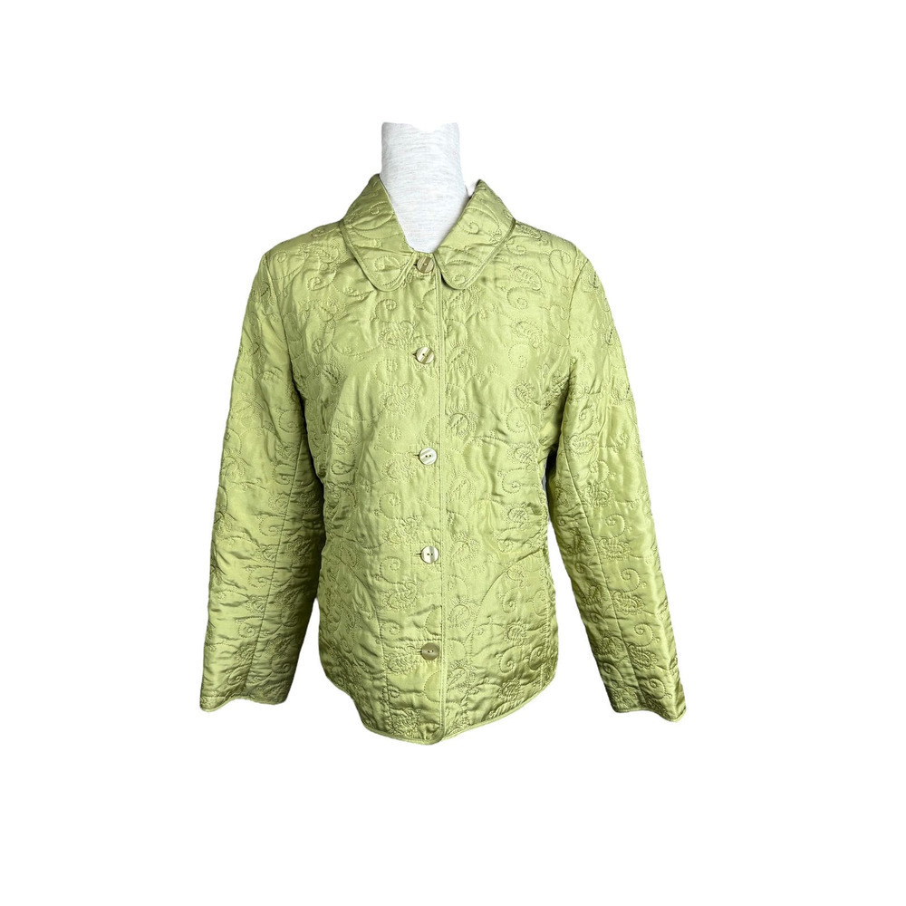 J. Jill Quilted Green 100% Silk Floral Embroidery Button Jacket Size Medium